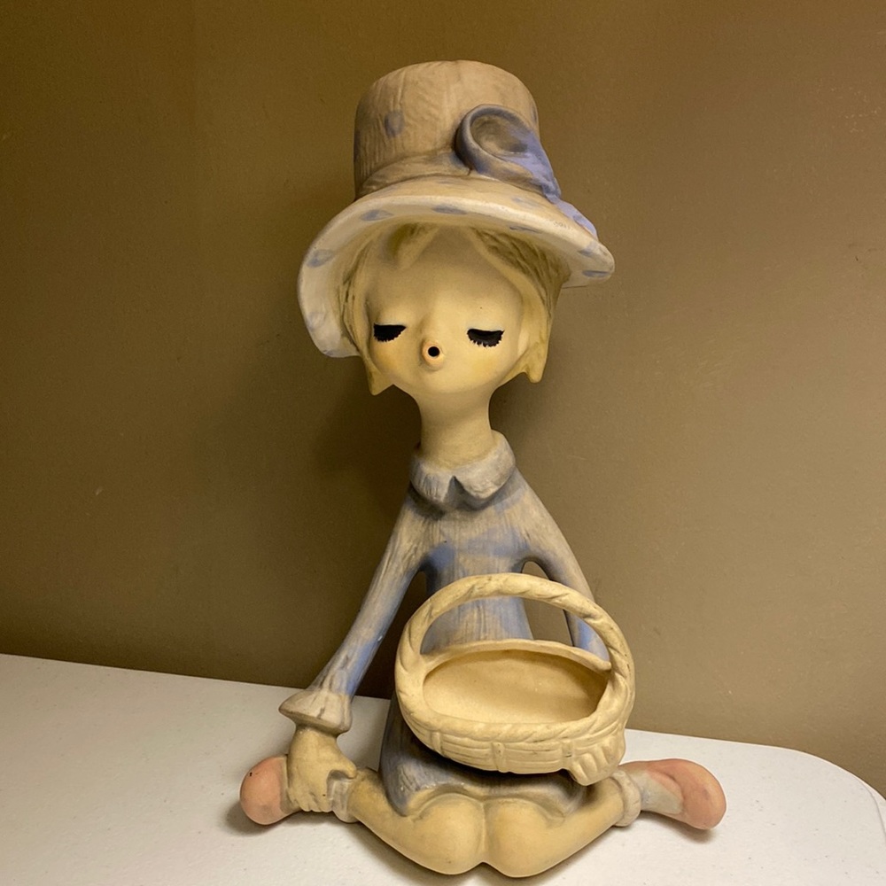 Bisque Ceramic Girl with Basket Figurine Planter